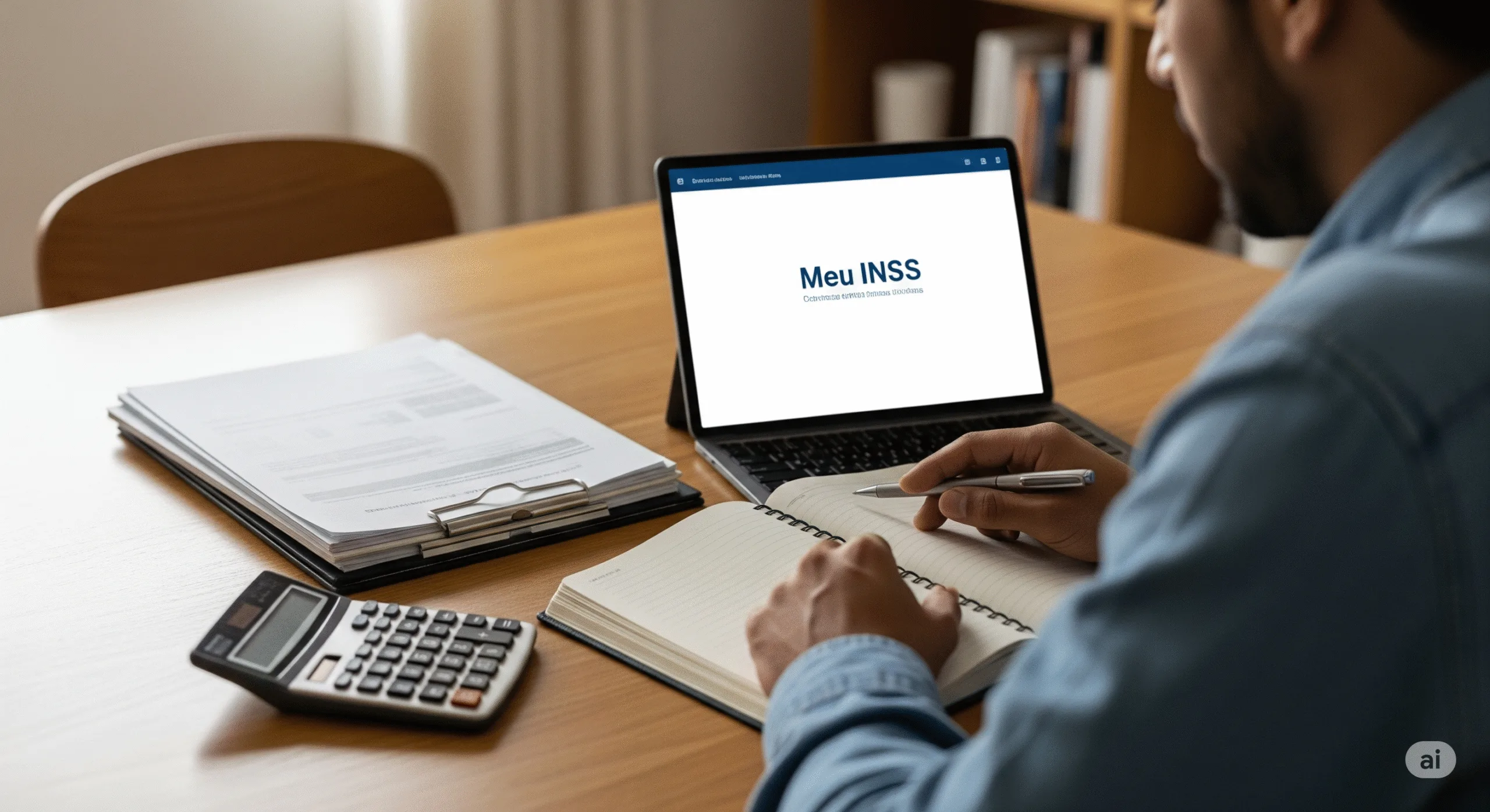 Pessoa fazendo o cálculo para o ajuste de contribuição INSS em seu computador.