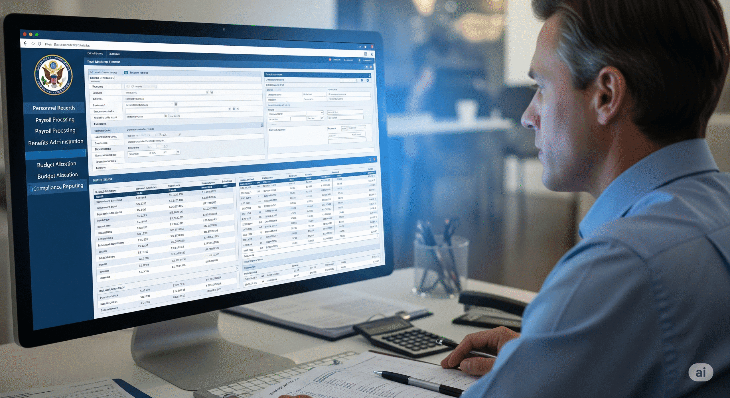 Profissional realizando o envio de eventos para o eSocial em um computador de escritório.