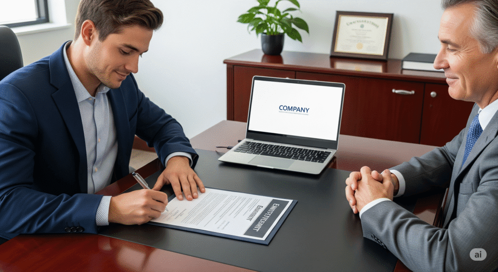 Empregado assinando contrato de trabalho com o empregador.