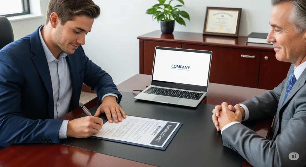 Empregado assinando contrato de trabalho com o empregador.