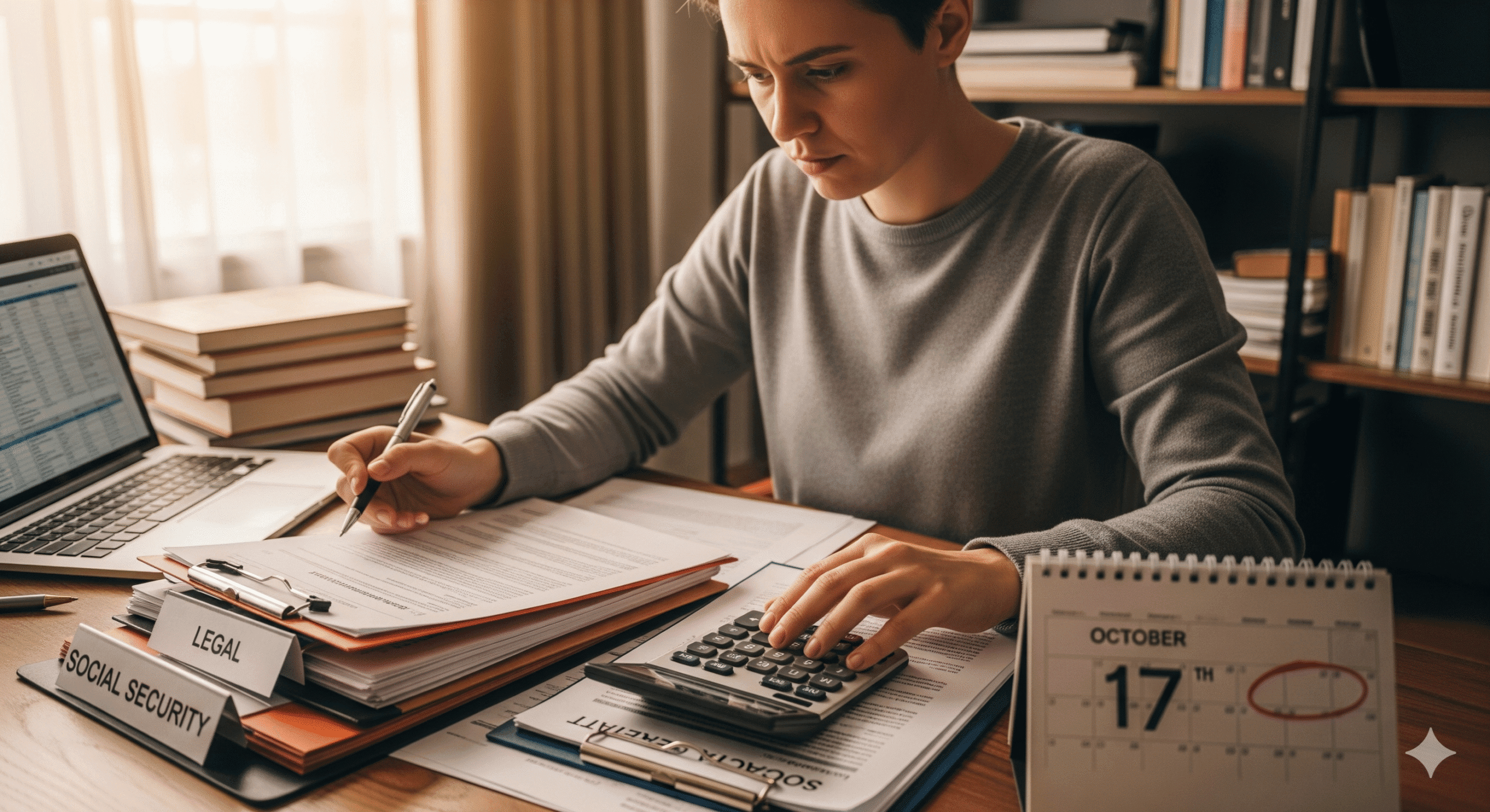 Advogado analisando uma reclamatória trabalhista para fins previdenciários em seu escritório.