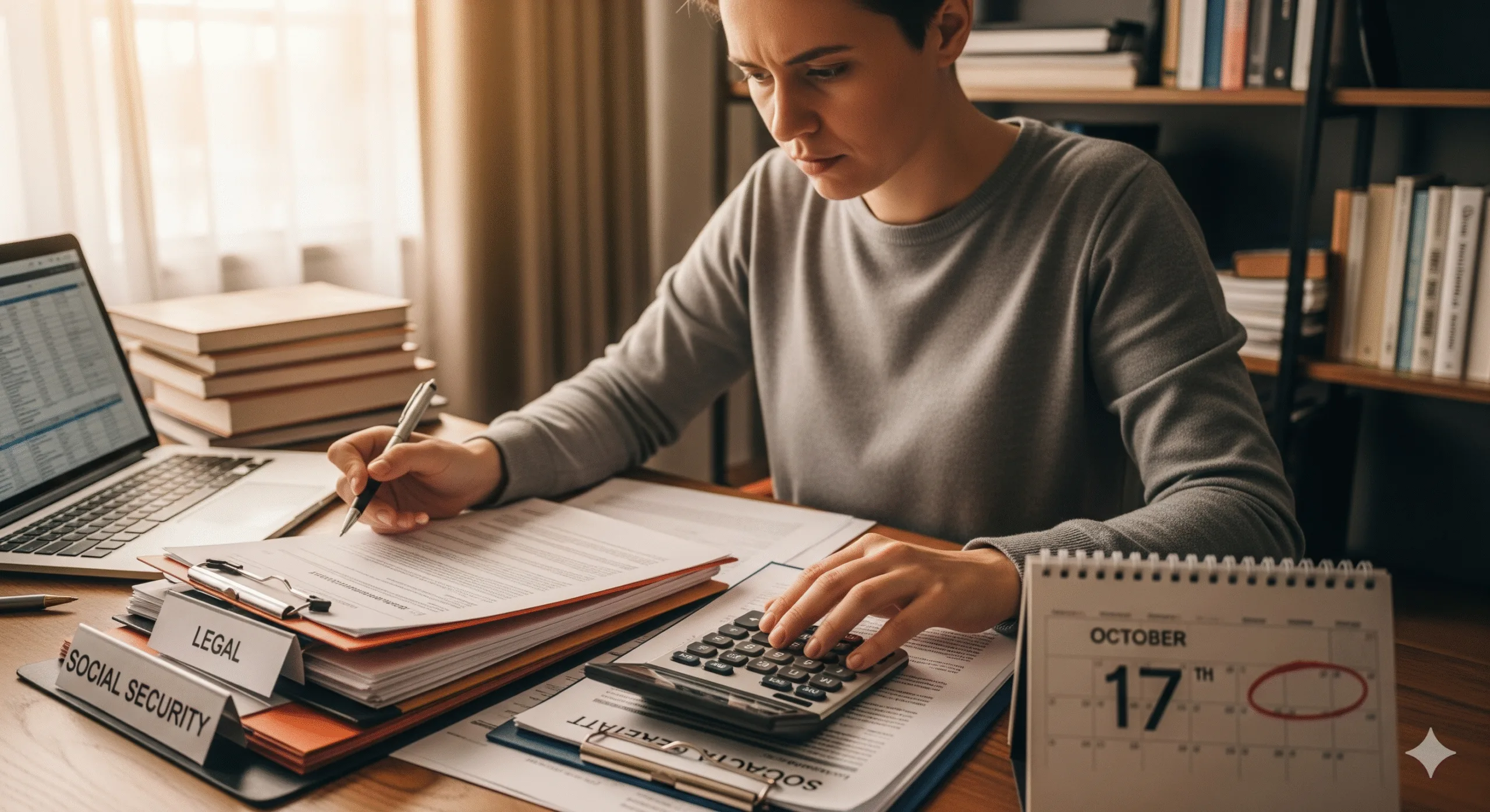 Advogado analisando uma reclamatória trabalhista para fins previdenciários em seu escritório.