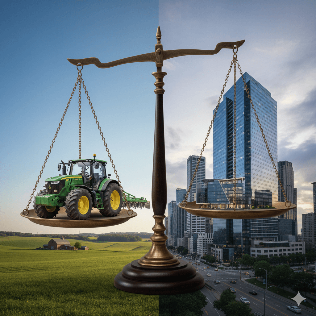 Uma balança simbolizando a justiça da aposentadoria híbrida ao somar tempo rural e urbano.