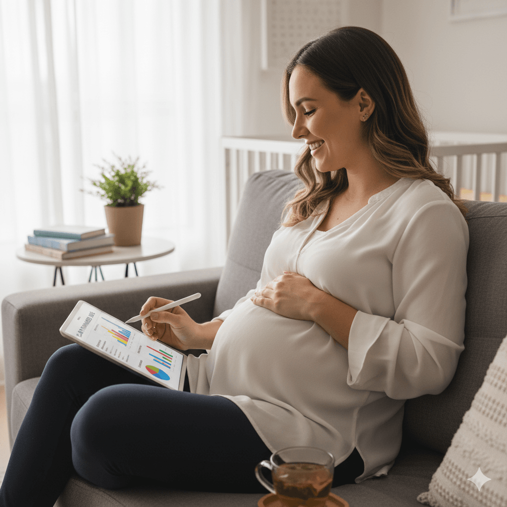 Uma mulher calculando a renda mensal inicial do salário-maternidade em seu tablet.