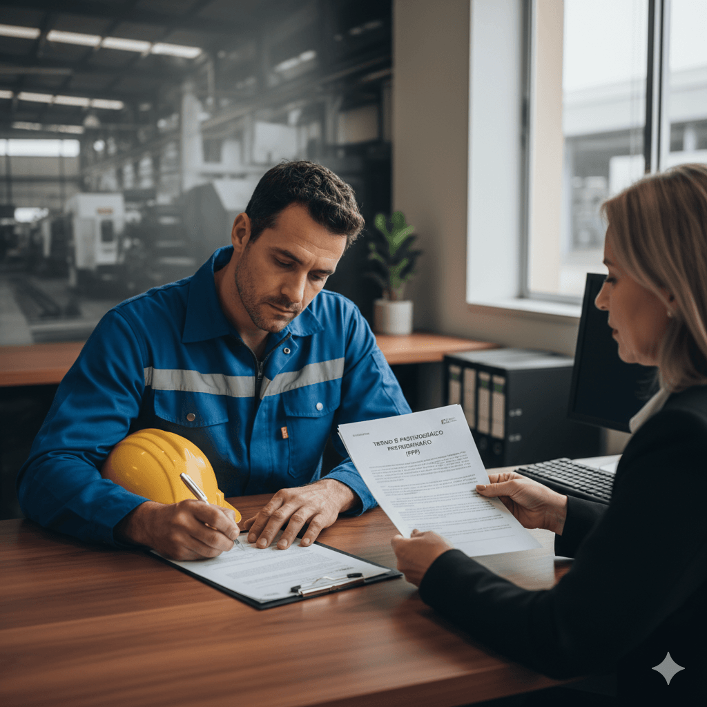 Um trabalhador recebendo seu Perfil Profissiográfico Previdenciário (PPP) da empresa no momento da rescisão.