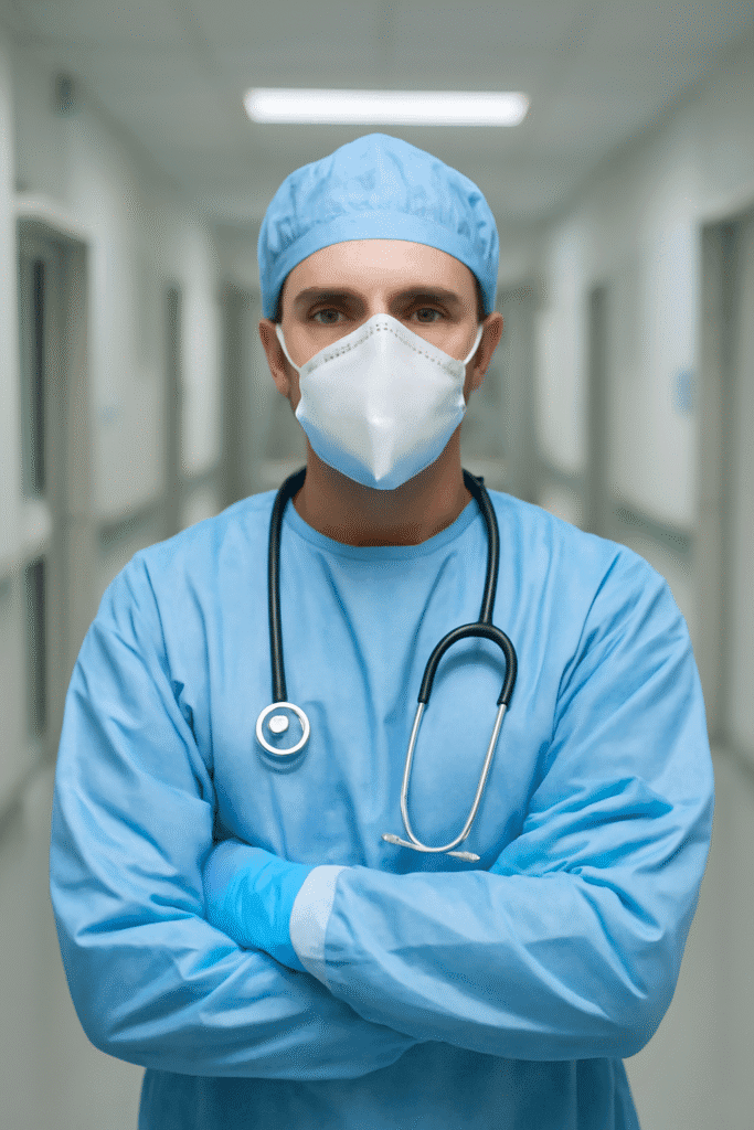 Profissional de saúde protegido contra agentes infectocontagiosos no ambiente hospitalar.