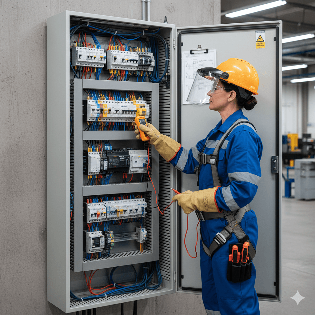 Eletricista trabalhando com segurança em instalações de alta voltagem, demonstrando o risco da eletricidade para aposentadoria especial.
