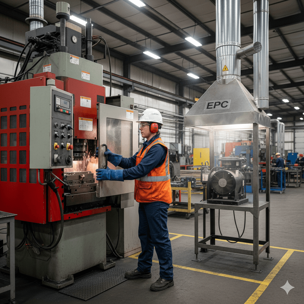 Trabalhador utilizando equipamentos de proteção individual (EPI) em ambiente industrial com equipamentos de proteção coletiva (EPC) visíveis.