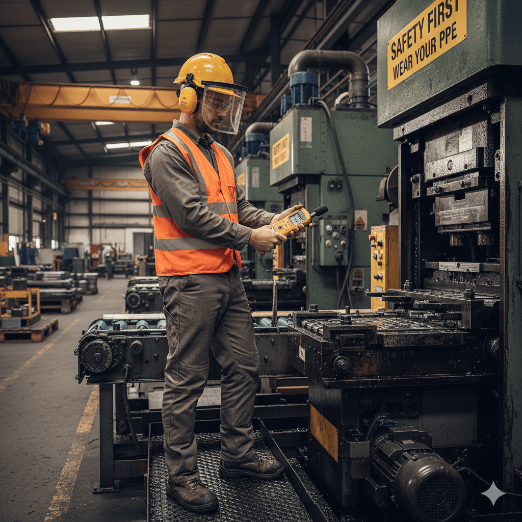 Engenheiro realizando medição de ruído com dosímetro para elaboração de LTCAT em ambiente industrial.