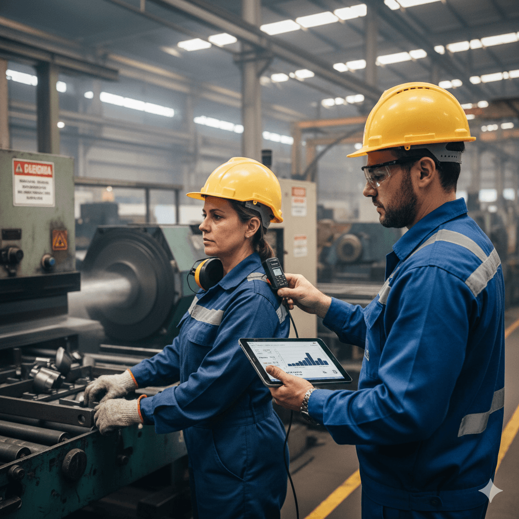 Técnico aplicando a metodologia de avaliação ambiental de ruído ocupacional com dosímetro.