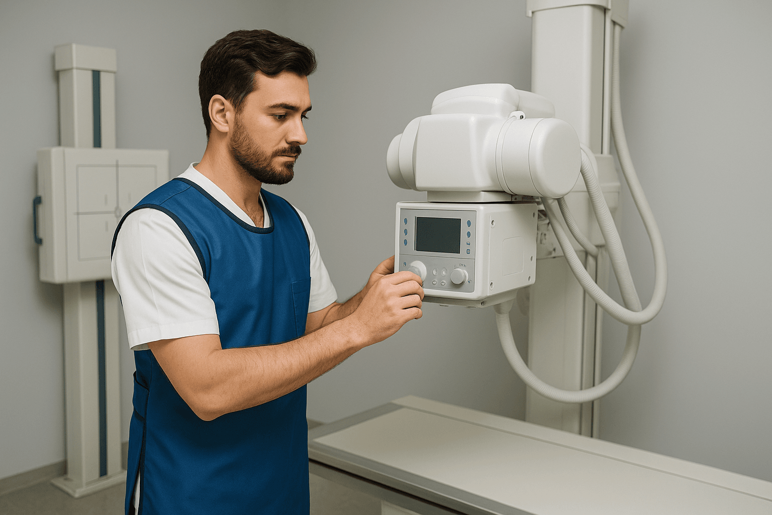 Um técnico realizando um procedimento que exige proteção para radiação ionizante em ambiente hospitalar.