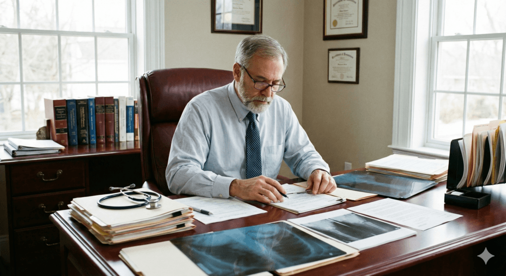 Médico avaliando documentos para concessão do auxílio por incapacidade temporária no INSS