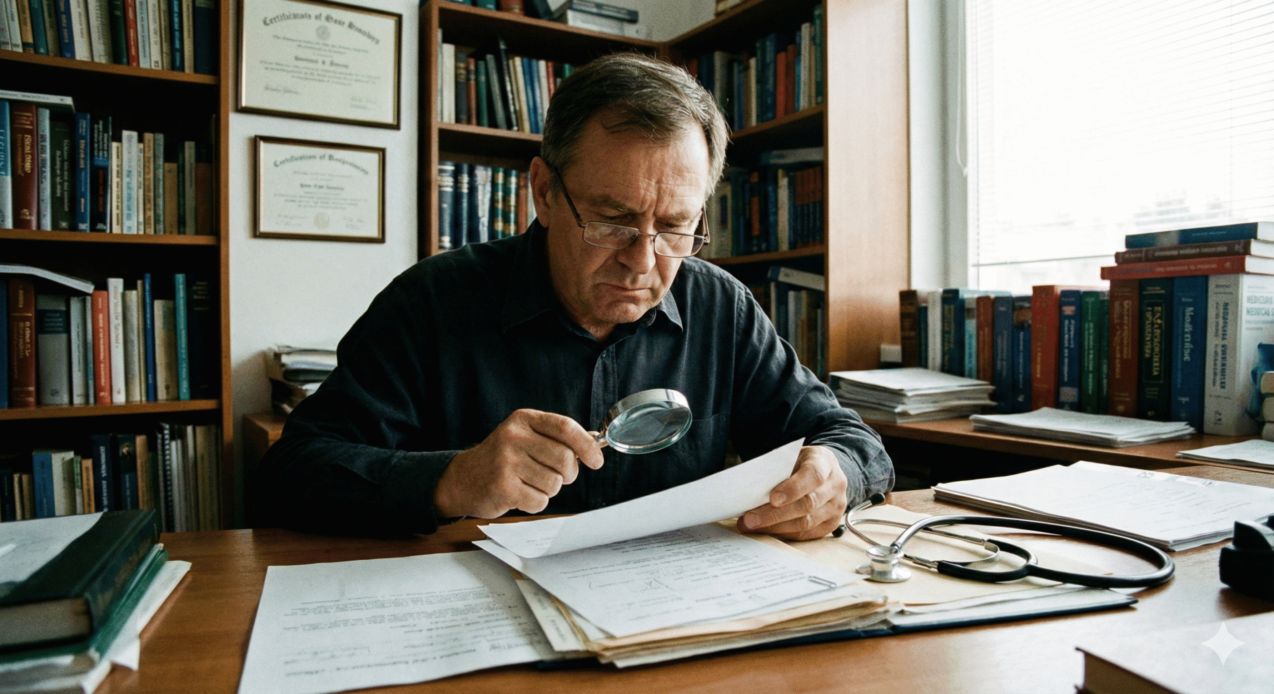 Médico perito avaliando documentos para o processo de cessação da aposentadoria por incapacidade permanente