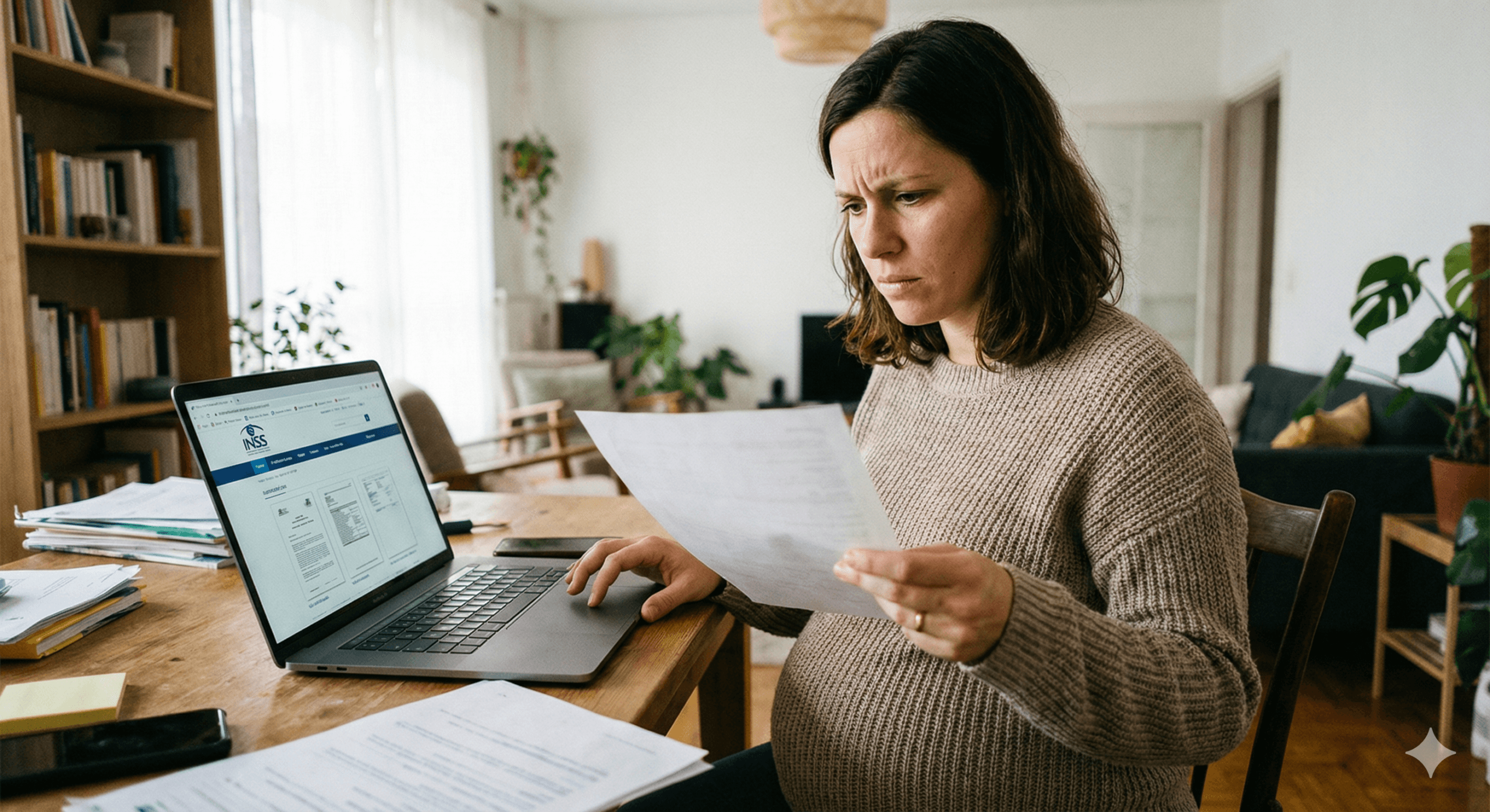 Mulher grávida verificando regras de manutenção do auxílio por incapacidade temporária no computador
