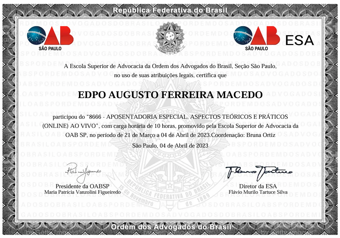 Certificado: Aposentadoria especial: aspectos teóricos e práticos