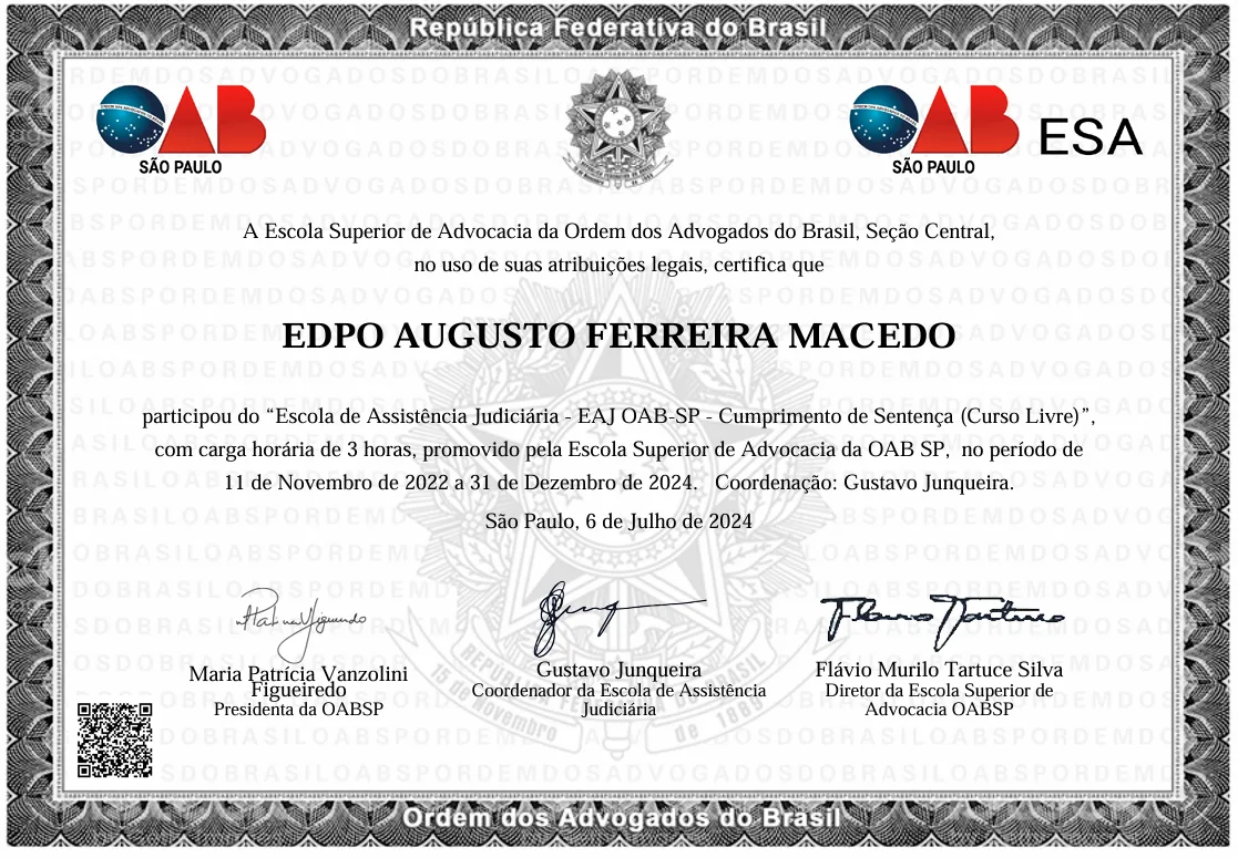 Certificado: Escola de Assistência Judiciária – Cumprimento de sentença