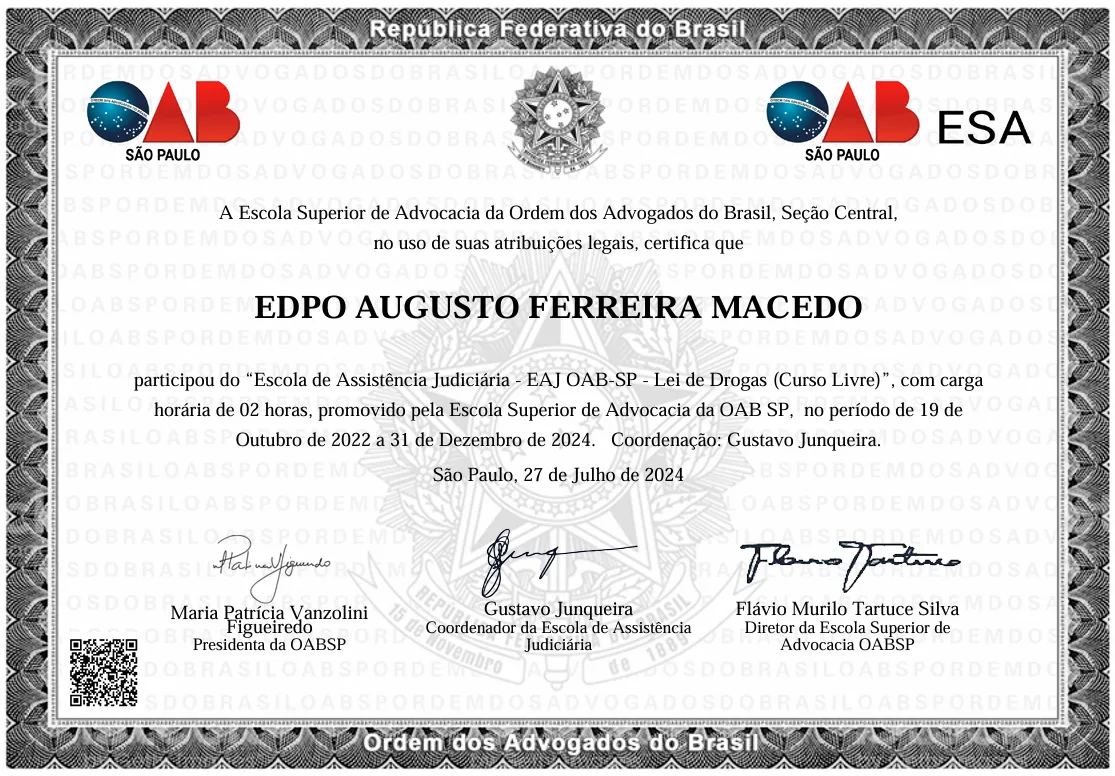 Certificado: Escola de Assistência Judiciária – Lei de Drogas