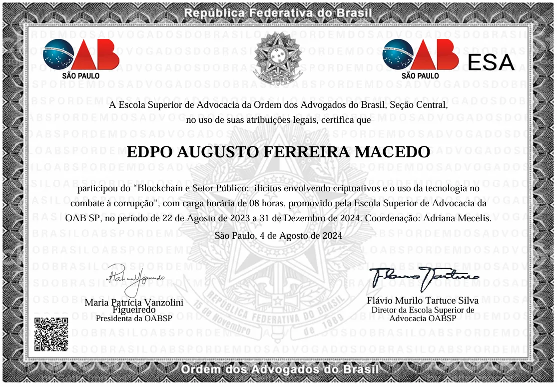 Certificado: Blockchain e Setor Público: ilícitos envolvendo criptoativos e o uso da tecnologia no combate à corrupção