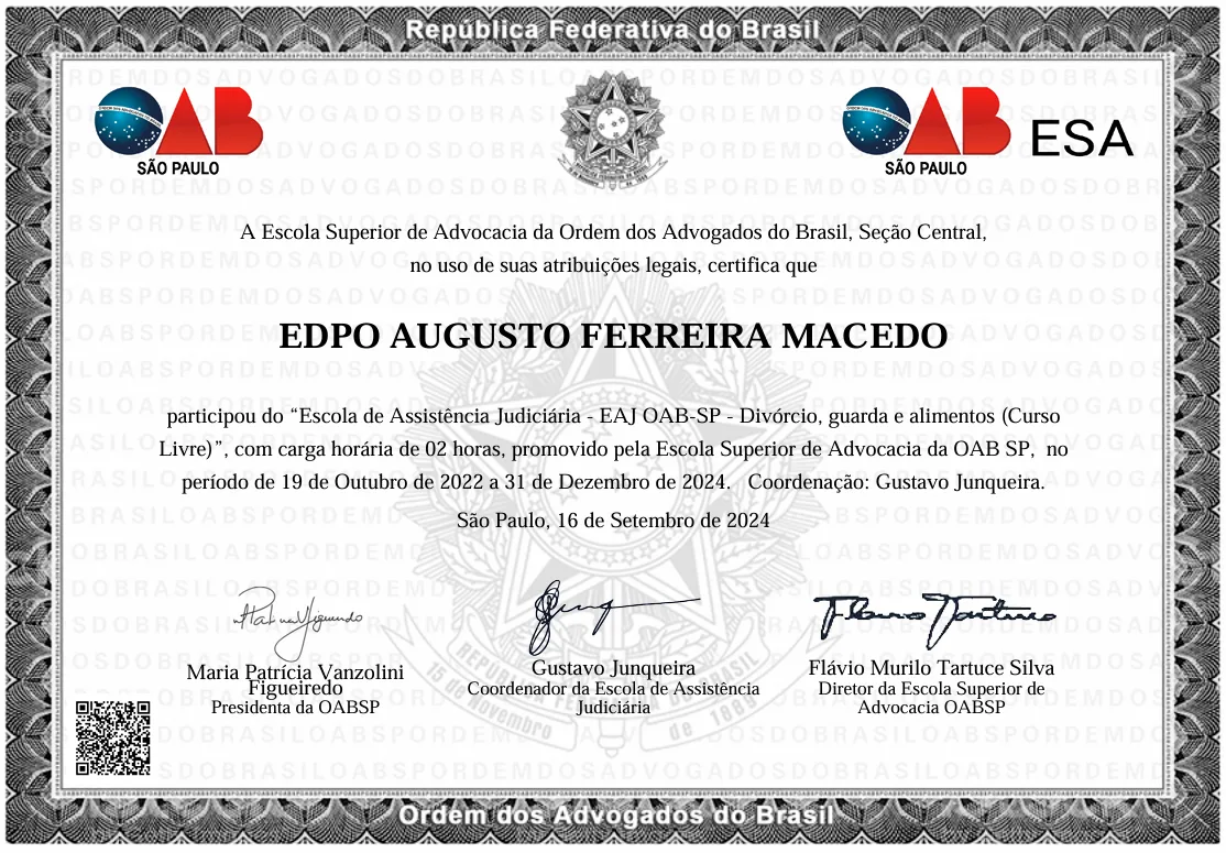 Certificado: Escola de Assistência Judiciária – Divórcio, guarda e alimentos