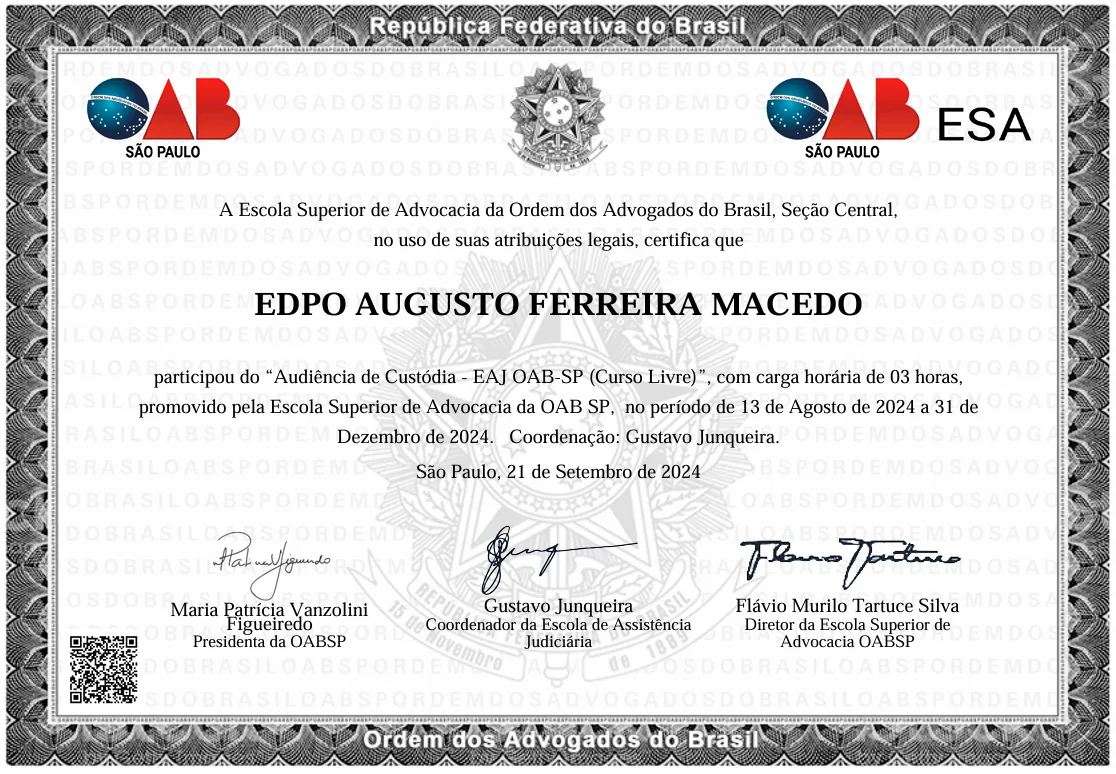 Certificado: Escola de Assistência Judiciária – Audiência de custódia