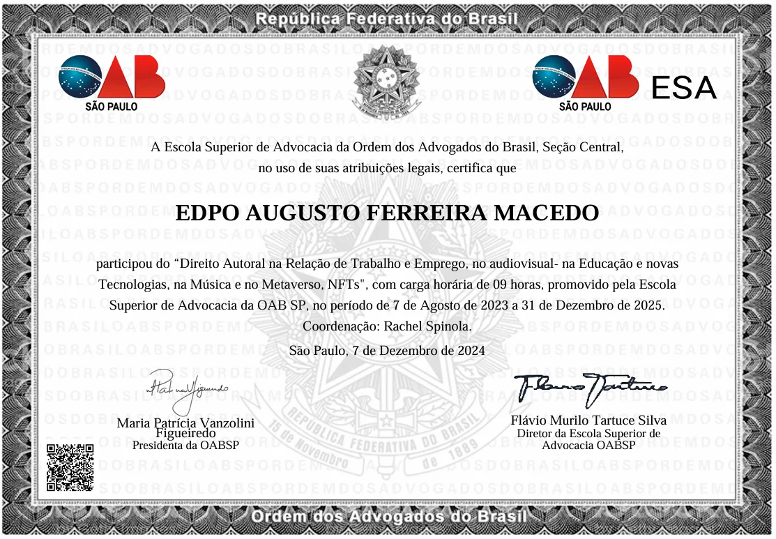 Certificado: Direito Autoral na Relação de Trabalho e Emprego, no audiovisual- na Educação e novas Tecnologias, na Música e no Metaverso, NFTs