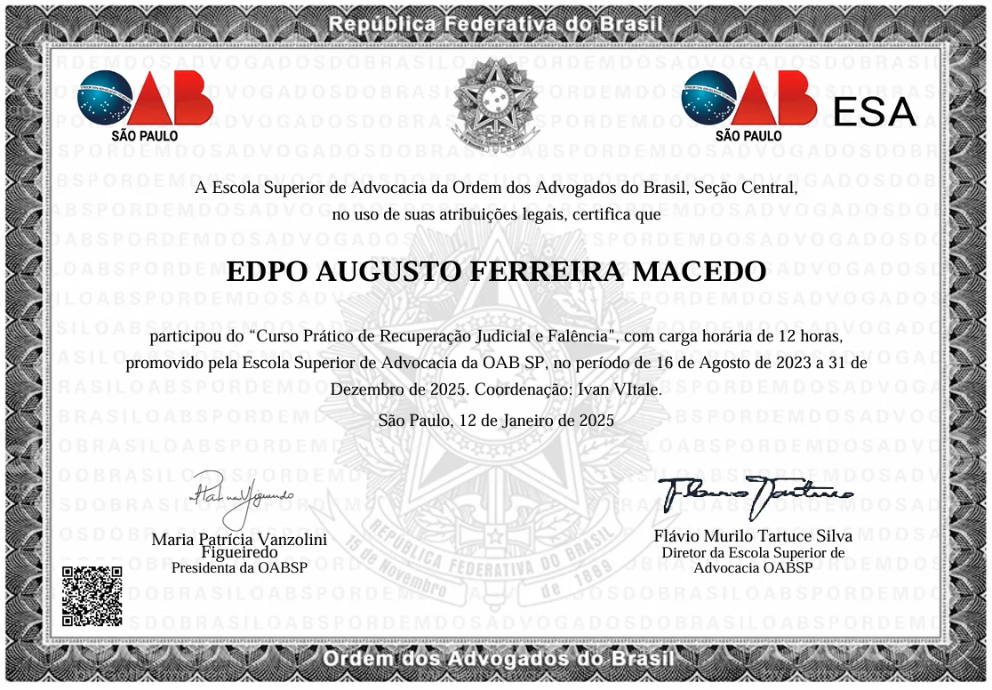 Certificado: Curso Prático de Recuperação Judicial e Falência