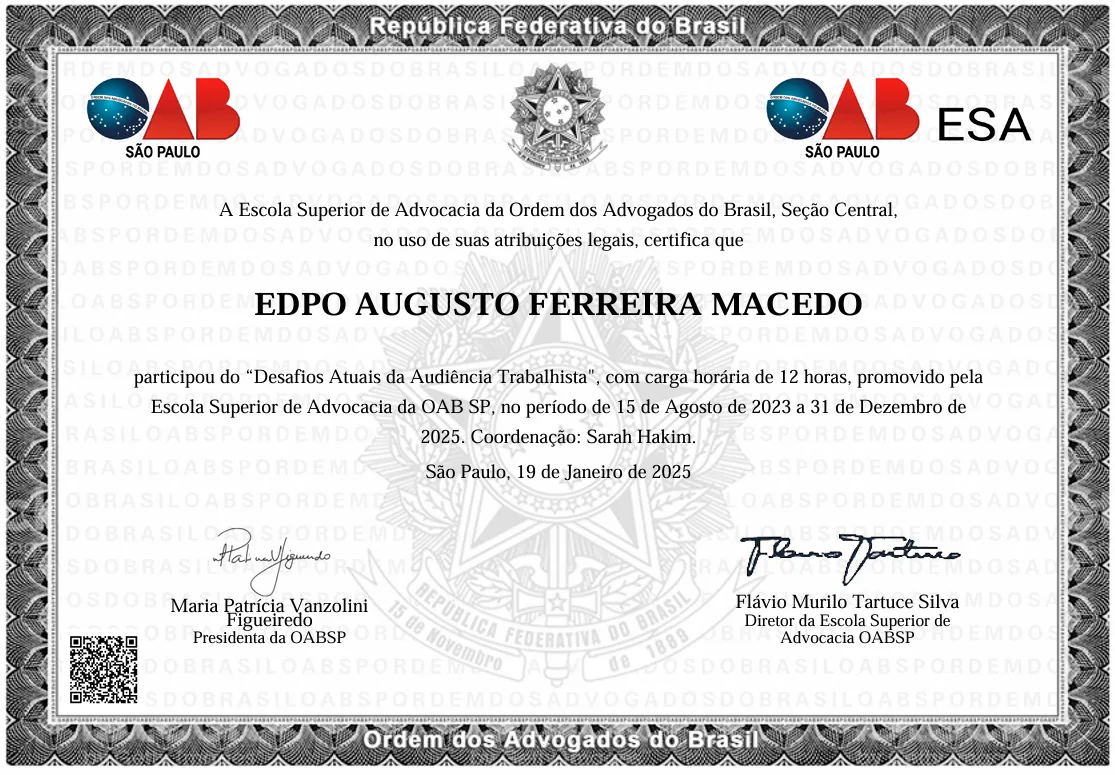 Certificado: Desafios Atuais da Audiência Trabalhista