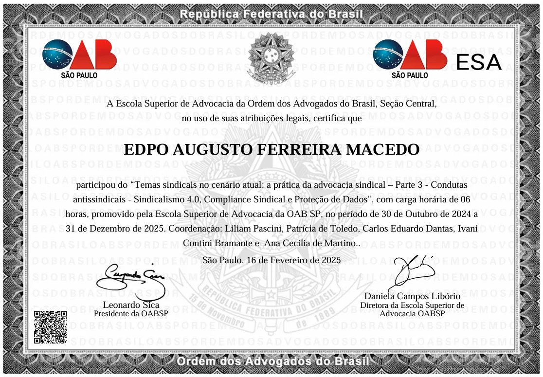 Certificado: Temas sindicais no cenário atual: a prática da advocacia sindical – Parte 3 – Condutas antissindicais – Sindicalismo 4.0, Compliance Sindical e Proteção de Dados
