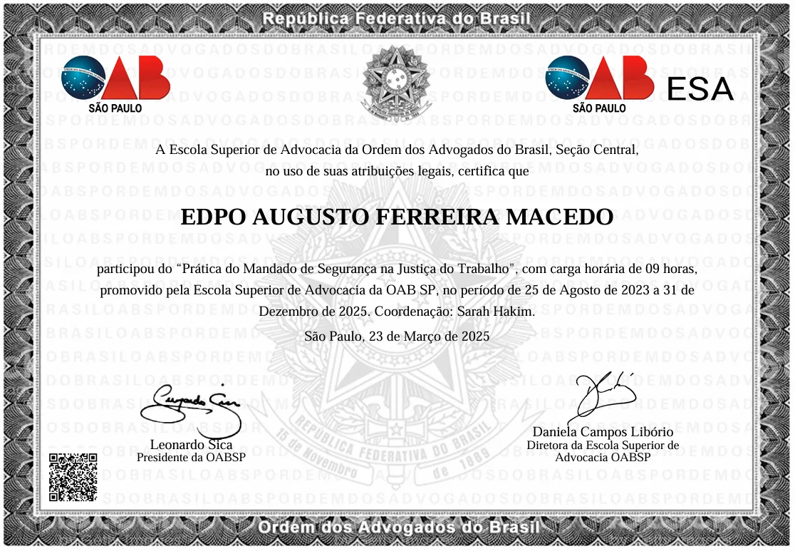 Certificado: Prática do Mandado de Segurança na Justiça do Trabalho