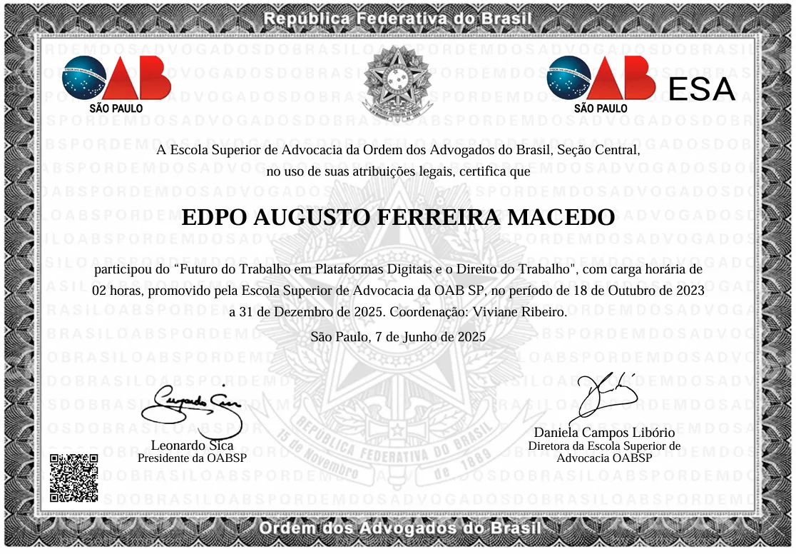 Certificado: Futuro do Trabalho em Plataformas Digitais e o Direito do Trabalho