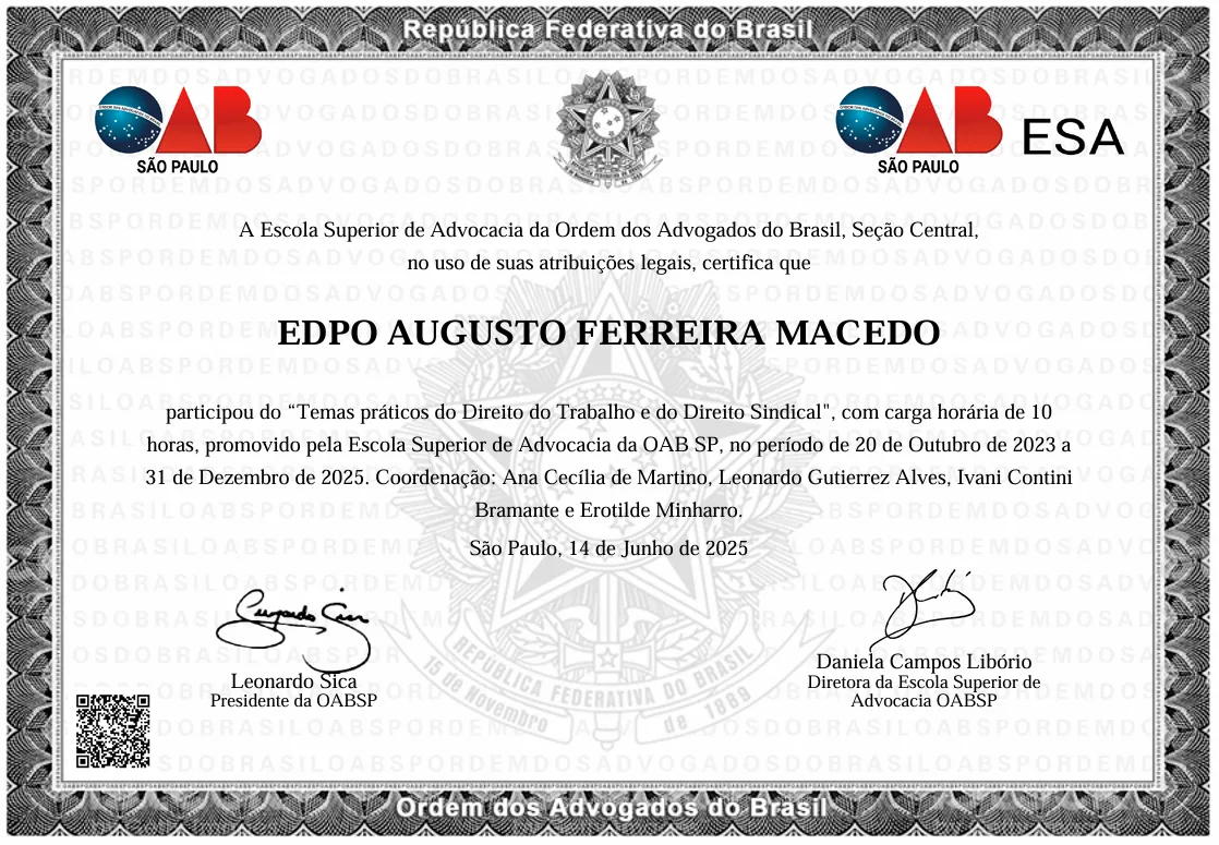 Certificado: Temas práticos do Direito do Trabalho e do Direito Sindical