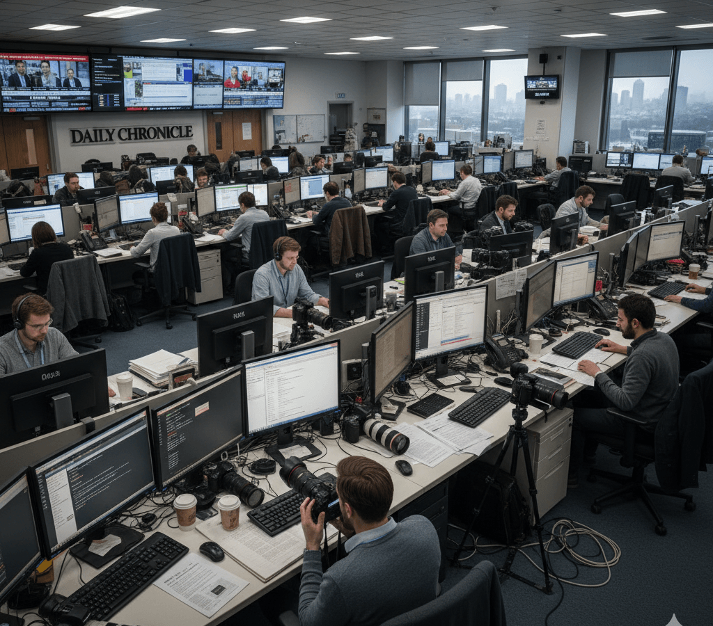 Jornalistas trabalhando em uma redação para garantir o tempo de serviço para a aposentadoria do jornalista profissional