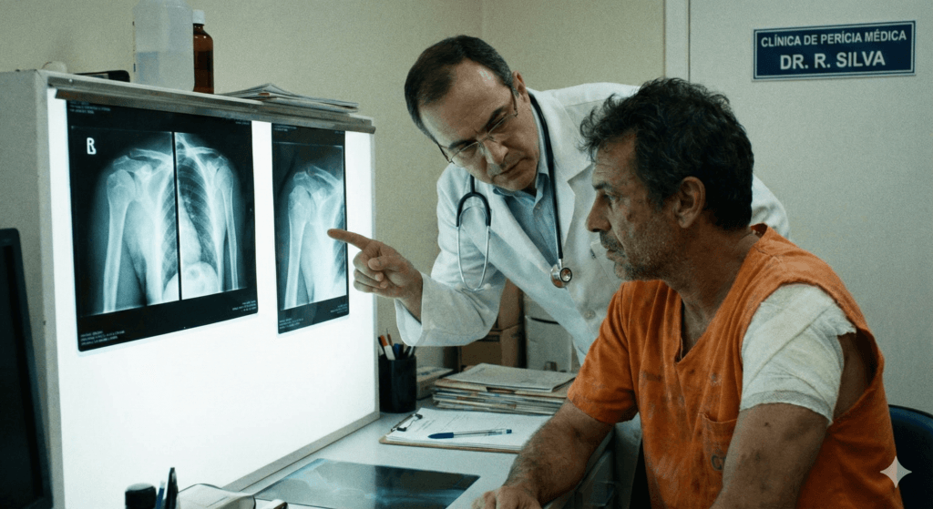 Médico perito avaliando sequelas para concessão de auxílio-acidente no INSS