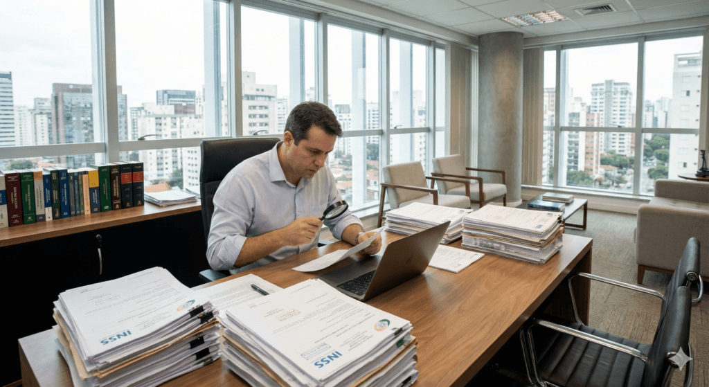 Advogado analisando processo de habilitação provisória na pensão por morte para cliente.