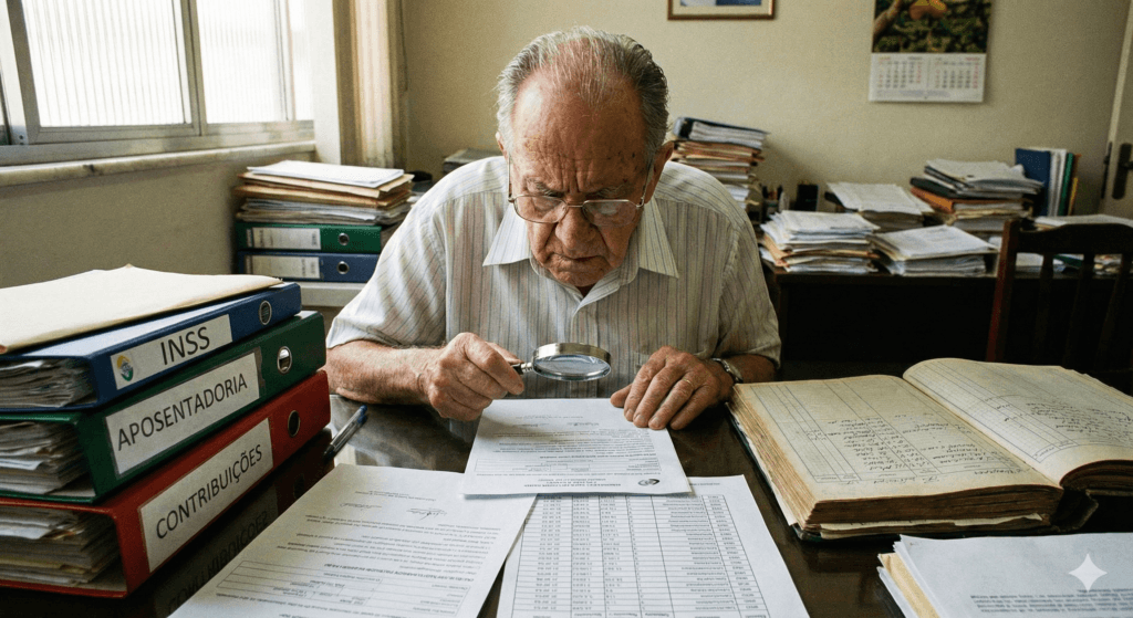 Idoso analisando documentos para solicitar o pecúlio do INSS