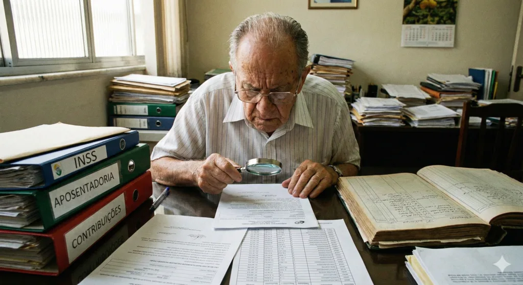 Idoso analisando documentos para solicitar o pecúlio do INSS