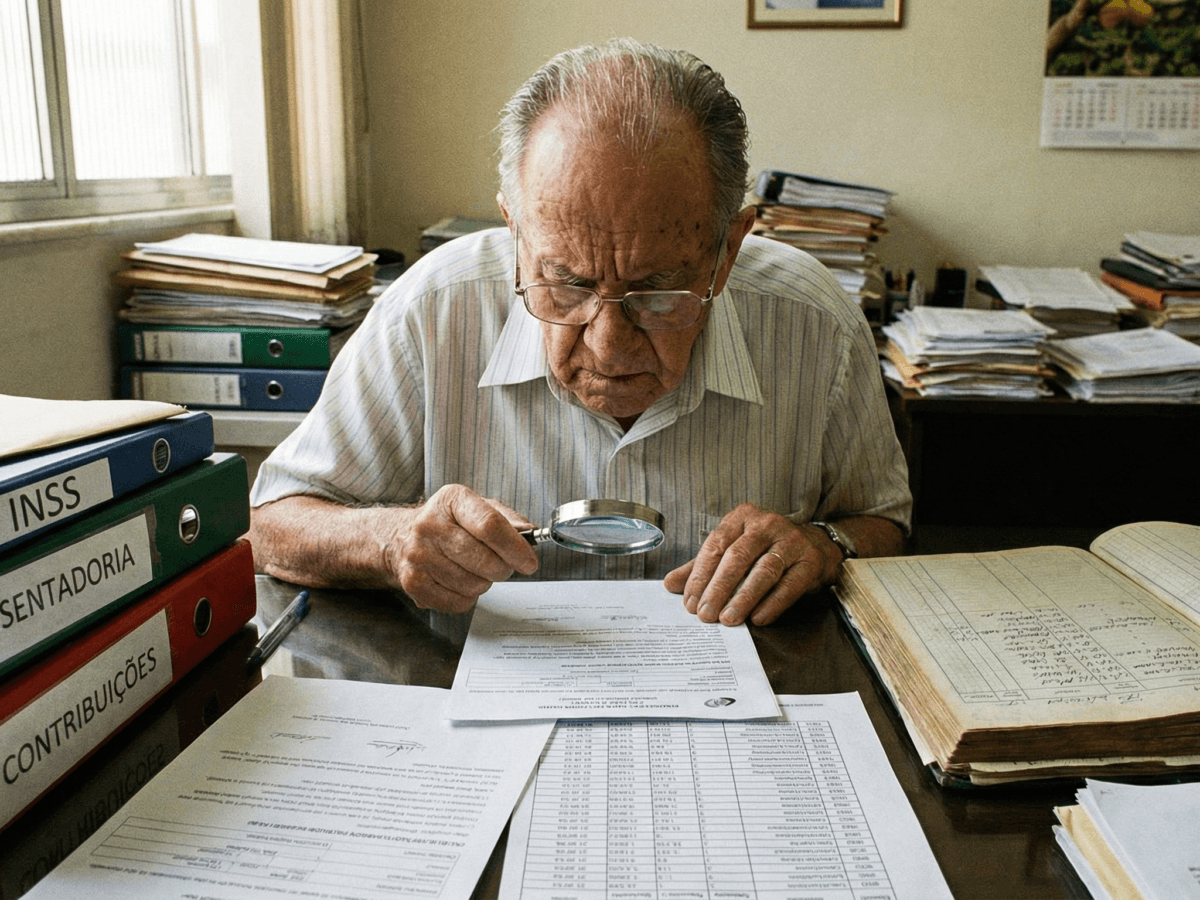Idoso analisando documentos para solicitar o pecúlio do INSS