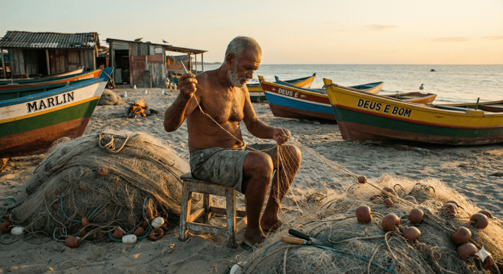 pescador artesanal realizando reparo de redes e petrechos de pesca