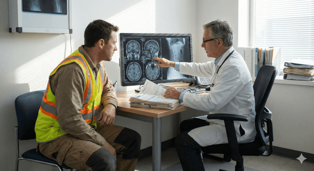 Perito médico avaliando os requisitos de acesso ao auxílio-acidente em consulta previdenciária.