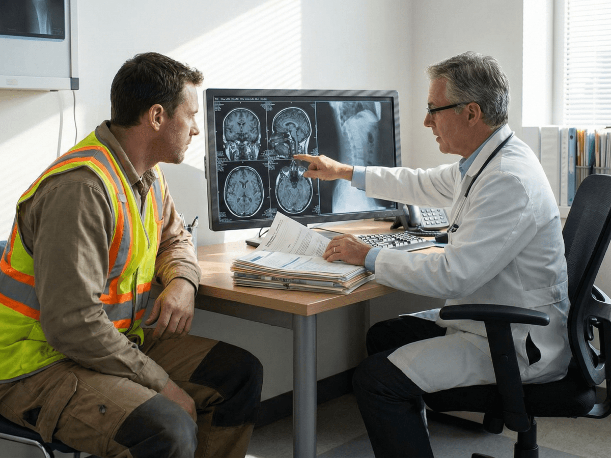 Perito médico avaliando os requisitos de acesso ao auxílio-acidente em consulta previdenciária.