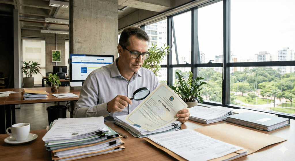 Homem analisando documentos para processo de contagem recíproca de aposentadoria