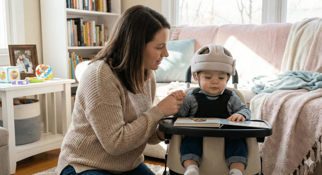 Mãe cuidando de criança beneficiária da pensão especial por zika vírus em ambiente doméstico.