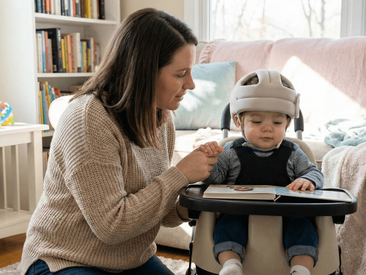 Mãe cuidando de criança beneficiária da pensão especial por zika vírus em ambiente doméstico.