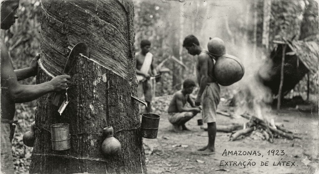 fotografia histórica ilustrando a pensão mensal vitalícia do seringueiro e o trabalho nos seringais