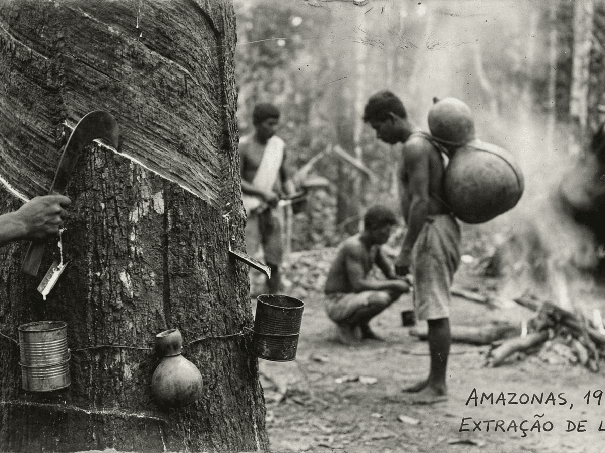 fotografia histórica ilustrando a pensão mensal vitalícia do seringueiro e o trabalho nos seringais