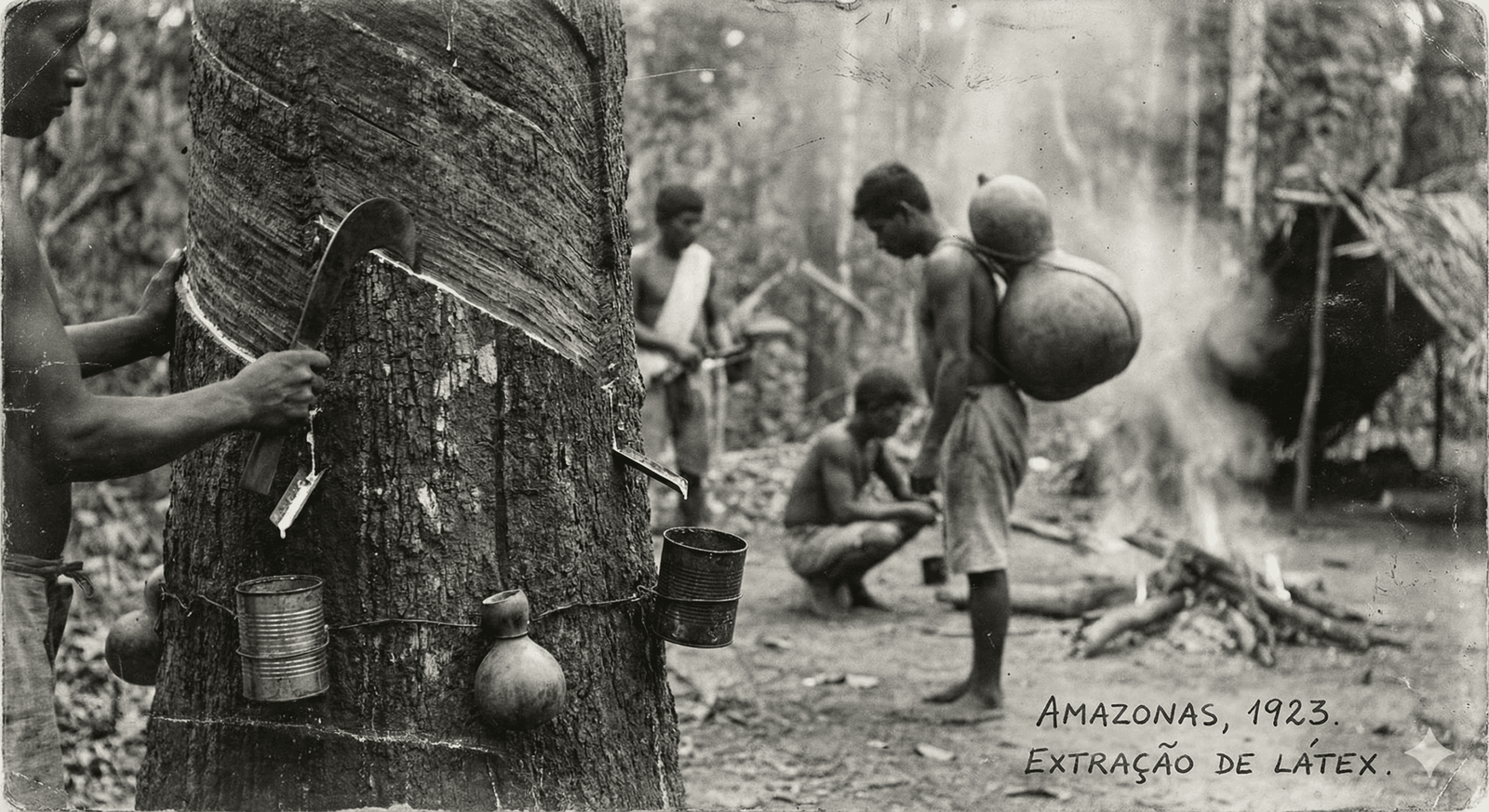 fotografia histórica ilustrando a pensão mensal vitalícia do seringueiro e o trabalho nos seringais