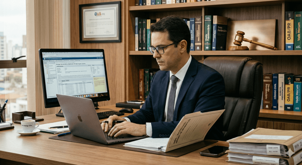 Advogado analisando as regras da remessa necessária em demanda previdenciária no sistema do tribunal
