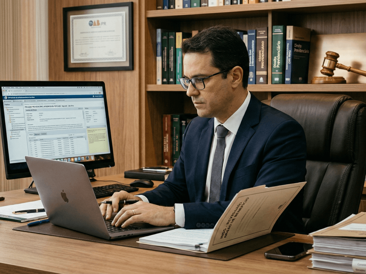 Advogado analisando as regras da remessa necessária em demanda previdenciária no sistema do tribunal