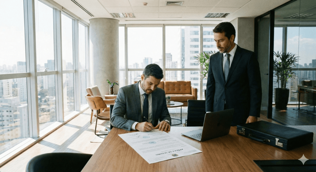 Empresário assinando contrato de seguro garantia na execução fiscal para proteger o patrimônio da empresa