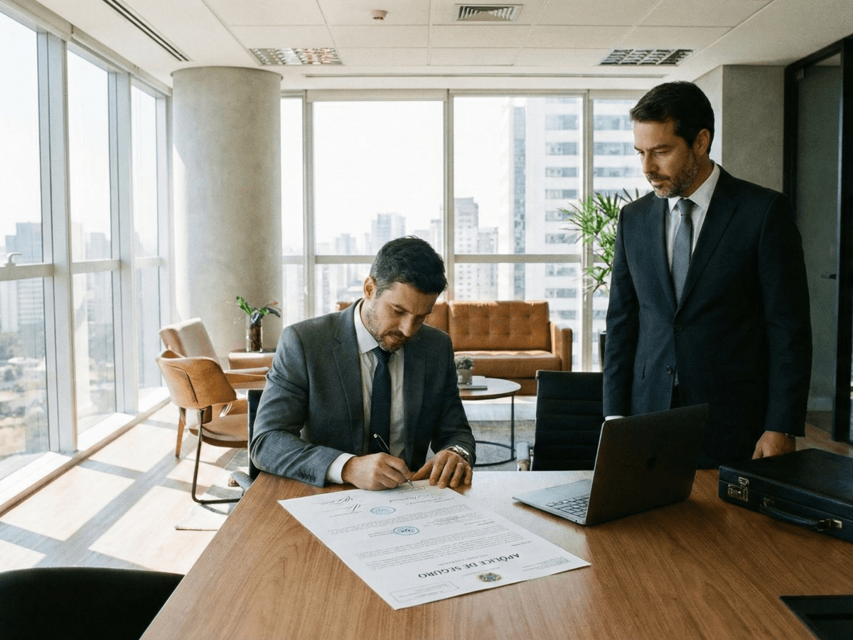 Empresário assinando contrato de seguro garantia na execução fiscal para proteger o patrimônio da empresa